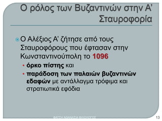 Ο Αλέξιος Α’ ζήτησε από τους
Σταυροφόρους που έφτασαν στην
Κωνσταντινούπολη το 1096
• όρκο πίστης και
• παράδοση των παλαιών βυζαντινών
εδαφών με αντάλλαγμα τρόφιμα και
στρατιωτικά εφόδια
ΦΑΤΣΗ ΑΘΑΝΑΣΙΑ ΦΙΛΟΛΟΓΟΣ 13
 