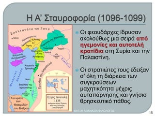  Οι φεουδάρχες ίδρυσαν
ακολούθως μια σειρά από
ηγεμονίες και αυτοτελή
κρατίδια στη Συρία και την
Παλαιστίνη.
 Οι στρατιώτες τους έδειξαν
σ' όλη τη διάρκεια των
συγκρούσεων
μαχητικότητα μέχρις
αυταπάρνησης και γνήσιο
θρησκευτικό πάθος.
ΦΑΤΣΗ ΑΘΑΝΑΣΙΑ ΦΙΛΟΛΟΓΟΣ
15
 