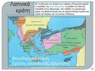 Φεουδαρχικά κράτη
Σχέσεις αλυσιδωτής εξάρτησης
Με τη διανομή των βυζαντινών εδαφών (Ρωμανία) αρχίζει
η περίοδος της Λατινοκρατίας. Η μερίδα του λέοντος
περιήλθε στους Βενετούς, που έλαβαν το μεγαλύτερο
μέρος της Βασιλεύουσας και τα σημαντικότερα λιμάνια και
νησιά του Αιγαίου και του Ιονίου Πελάγους.
ΦΑΤΣΗ ΑΘΑΝΑΣΙΑ ΦΙΛΟΛΟΓΟΣ
32
 