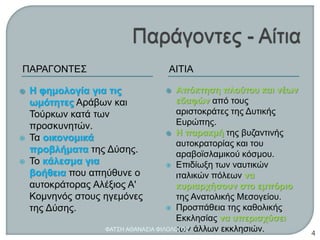 ΠΑΡΑΓΟΝΤΕΣ ΑΙΤΙΑ
 Η φημολογία για τις
ωμότητες Αράβων και
Τούρκων κατά των
προσκυνητών.
 Τα οικονομικά
προβλήματα της Δύσης.
 Το κάλεσμα για
βοήθεια που απηύθυνε ο
αυτοκράτορας Αλέξιος Α'
Κομνηνός στους ηγεμόνες
της Δύσης.
 Απόκτηση πλούτου και νέων
εδαφών από τους
αριστοκράτες της Δυτικής
Ευρώπης.
 Η παρακμή της βυζαντινής
αυτοκρατορίας και του
αραβοϊσλαμικού κόσμου.
 Επιδίωξη των ναυτικών
ιταλικών πόλεων να
κυριαρχήσουν στο εμπόριο
της Ανατολικής Μεσογείου.
 Προσπάθεια της καθολικής
Εκκλησίας να υπερισχύσει
των άλλων εκκλησιών.ΦΑΤΣΗ ΑΘΑΝΑΣΙΑ ΦΙΛΟΛΟΓΟΣ
4
 