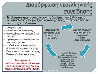 Αρχαία ελληνική
κληρονομιά και
χριστιανική
πίστη
συμβιβάζονται
Η νέα αυτή ιδεολογία
ισοδυναμεί με το
ξύπνημα ενός εθνικού
αισθήματος στον
Ελληνισμό που
αποτελεί πλέον το
μοναδικό στήριγμα
του Βυζαντίου
Ο Βυζαντινός
συνδέεται με το
ιστορικό του
παρελθόν
Τα ελληνικά κράτη
o εδραίωσαν τη θέση τους,
o οργανώθηκαν στρατιωτικά και
πολιτικά,
o πρόκοψαν στην οικονομία και
τον πολιτισμό και
o επιδόθηκαν σε έναν αγώνα
δρόμου για την ανάκτηση της
Πόλης και την ανασύσταση της
Βυζαντινής Αυτοκρατορίας.
Το έργο αυτό
πραγματοποιήθηκε τελικά από
τον αυτοκράτορα της Νίκαιας
Μιχαήλ Η' Παλαιολόγο (1261).
 Τα ελληνικά κράτη συνένωσαν τις δυνάμεις του Ελληνισμού
και αποτέλεσαν το φιλόξενο καταφύγιο τους, αποκρούοντας τις
επιθέσεις των Λατίνων.
ΦΑΤΣΗ ΑΘΑΝΑΣΙΑ ΦΙΛΟΛΟΓΟΣ
43
 
