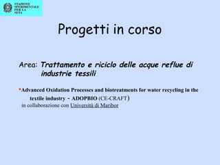 Progetti in corso
Area: Trattamento e riciclo delle acque reflue di
industrie tessili
Advanced Oxidation Processes and biotreatments for water recycling in the
textile industry - ADOPBIO (CE-CRAFT)
in collaborazione con Università di Maribor
 