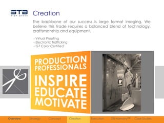 Creation
             The backbone of our success is large format imaging. We
             believe this trade requires a balanced blend of technology,
             craftsmanship and equipment.
             - Virtual Proofing
             - Electronic Trafficking
             - G7 Color Certified




Overview   Strategy    Concept          Creation   Execution   STB Harmony™   Case Studies
 