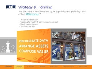 Strategy & Planning
              The STB staff is empowered by a sophisticated planning tool
              called STBHarmony™.

               - Web based solution
               - Tracking for facility & communication assets
               - User independence
               - Waste reduction




Overview   Strategy     Concept      Creation      Execution    STB Harmony™   Case Studies
 