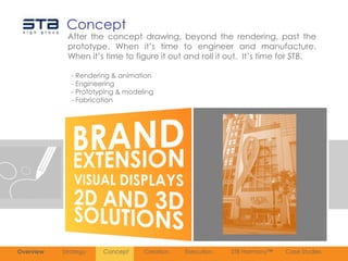 Concept
            After the concept drawing, beyond the rendering, past the
            prototype. When it‟s time to engineer and manufacture.
            When it‟s time to figure it out and roll it out. It‟s time for STB.

              - Rendering & animation
              - Engineering
              - Prototyping & modeling
              - Fabrication




Overview   Strategy    Concept     Creation   Execution   STB Harmony™   Case Studies
 