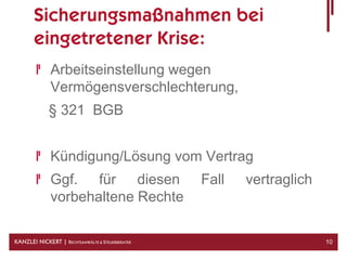 Sicherungsmaßnahmen bei
       eingetretener Krise:
              Arbeitseinstellung wegen
              Vermögensverschlechterung,
             § 321 BGB


              Kündigung/Lösung vom Vertrag
              Ggf. für diesen                     Fall   vertraglich
              vorbehaltene Rechte

KANZLEI NICKERT | RECHTSANWÄLTE & STEUERBERATER                        10
 