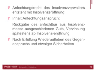 Anfechtungsrecht des Insolvenzverwalters
            entsteht mit Insolvenzeröffnung
            Inhalt Anfechtungsanspruch:
            Rückgabe des anfechtbar aus Insolvenz-
            masse ausgeschiedenen Guts, Verzinsung
            spätestens ab Insolvenz-eröffnung
            Nach Erfüllung Wiederaufleben des Gegen-
            anspruchs und etwaiger Sicherheiten




KANZLEI NICKERT | RECHTSANWÄLTE & STEUERBERATER        12
 