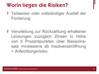 Worin liegen die Risiken?
          Teilweiser oder vollständiger Ausfall der
          Forderung


          Verurteilung zur Rückzahlung erhaltener
          Leistungen zuzüglich Zinsen in Höhe
          von 5 Prozentpunkten über Basiszins-
          satz mindestens ab Insolvenzeröffnung
          = Anfechtungsrisiko.



KANZLEI NICKERT | RECHTSANWÄLTE & STEUERBERATER       3
 