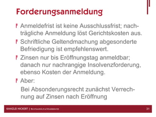 Forderungsanmeldung
            Anmeldefrist ist keine Ausschlussfrist; nach-
            trägliche Anmeldung löst Gerichtskosten aus.
            Schriftliche Geltendmachung abgesonderte
            Befriedigung ist empfehlenswert.
            Zinsen nur bis Eröffnungstag anmeldbar;
            danach nur nachrangige Insolvenzforderung,
            ebenso Kosten der Anmeldung.
            Aber:
            Bei Absonderungsrecht zunächst Verrech-
            nung auf Zinsen nach Eröffnung
KANZLEI NICKERT | RECHTSANWÄLTE & STEUERBERATER             31
 