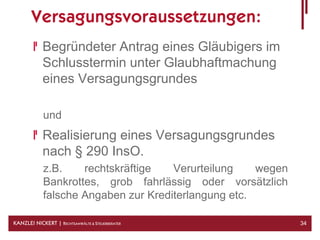 Versagungsvoraussetzungen:
            Begründeter Antrag eines Gläubigers im
            Schlusstermin unter Glaubhaftmachung
            eines Versagungsgrundes

             und
            Realisierung eines Versagungsgrundes
            nach § 290 InsO.
             z.B.    rechtskräftige   Verurteilung    wegen
             Bankrottes, grob fahrlässig oder vorsätzlich
             falsche Angaben zur Krediterlangung etc.

KANZLEI NICKERT | RECHTSANWÄLTE & STEUERBERATER               34
 