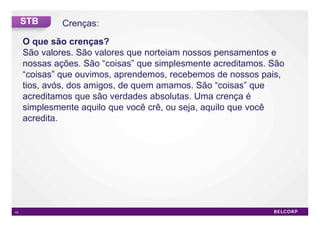 STB      Crenças:
     O que são crenças?
     São valores. São valores que norteiam nossos pensamentos e
     nossas ações. São “coisas” que simplesmente acreditamos. São
     “coisas” que ouvimos, aprendemos, recebemos de nossos pais,
     tios, avós, dos amigos, de quem amamos. São “coisas” que
     acreditamos que são verdades absolutas. Uma crença é
     simplesmente aquilo que você crê, ou seja, aquilo que você
     acredita.




43                                                                  43
 