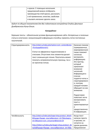 к краске. С помощью нескольких
предложений можно отобразить
преимущества этой краски, рассказать
о её применении, качестве, свойствах
и вызвать желание сделать заказ.
Аудит по общим показателям для Вас подготовила копирайтер Студии Дмитрия
Димбровского Кучук Ольга.
Копирайтинг
Хорошие тексты – обязательное условие функционирования сайта. Интересные и полезные
статьи в сочетании с визуализацией информации способны привлечь поток постоянных
посетителей.
Структурированность http://stbel.ru/index.php?option=com_content&view
=frontpage&Itemid=1
Статья не оформлена подзаголовками и
списками. Отсутствие этих элементов делает
текст сложным для чтения. Посетитель может
покинуть непривлекательную страницу, так и
не прочитав статью.
Наличие списков
(нумерованных,
маркированных)
также поможет
читателю
воспринять
информацию.
Это триггер,
который
привлекает
внимание
читателей.
Информация в
списках
подается четко и
структурированн
о, поэтому
каждый человек
обращает на них
внимание.
Подзаглавия
помогают легче
воспринимать
текст и
ориентироваться
в
предоставленно
й информации.
Читабельность http://stbel.ru/index.php?page=shop.product_details
&flypage=flypage_new.tpl&product_id=75&category_
id=33&option=com_virtuemart&Itemid=29
http://stbel.ru/index.php?page=shop.product_de
tails&flypage=flypage_new.tpl&product_id=76&c
Когда текст
написан просто
и красиво, он
читается на
одном дыхании.
Предложения
 
