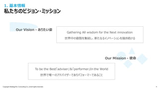 Copyright StrategyTec Consulting Co.,Ltd all rights reserved.
1. 基本情報
私たちのビジョン・ミッション
4
Gathering All wisdom for the Next innovation
世界中の叡智を集結し、新たなるイノベーションを描き続ける
To be the Best「adviser」＆「performer」In the World
世界で唯一のアドバイザーでありパフォーマーであること
Our Vision - ありたい姿
Our Mission - 使命
 