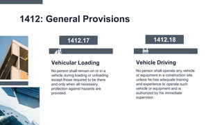 Vehicle Driving
1412: General Provisions
No person shall operate any vehicle
or equipment in a construction site
unless he has adequate training
and experience to operate such
vehicle or equipment and is
authorized by his immediate
supervisor.
No person shall remain on or in a
vehicle during loading or unloading
except those required to be there
and only when all necessary
protection against hazards are
provided.
Vehicular Loading
1412.17 1412.18
 