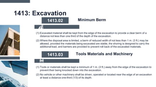 1413: Excavation
(1) Excavated material shall be kept from the edge of the excavation to provide a clear berm of a
distance not less than one third of the depth of the excavation.
(2) Where the disposal area is limited, a berm of reduced width of not less than 1 m. (3 ft.) may be
allowed, provided the materials being excavated are stable, the shoring is designed to carry the
additional load, and barriers are provided to prevent roll back of the excavated materials.
1413.02 Minimum Berm
(1) Tools or materials shall be kept a minimum of 1 m. (3 ft.) away from the edge of the excavation to
prevent their being knocked down into the excavation.
(2) No vehicle or other machinery shall be driven, operated or located near the edge of an excavation
at least a distance one-third (1/3) of its depth.
1413.03 Tools Materials and Machinery
 