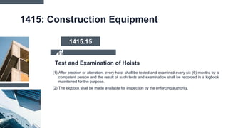 1415: Construction Equipment
(1) After erection or alteration, every hoist shall be tested and examined every six (6) months by a
competent person and the result of such tests and examination shall be recorded in a logbook
maintained for the purpose.
(2) The logbook shall be made available for inspection by the enforcing authority.
Test and Examination of Hoists
1415.15
 
