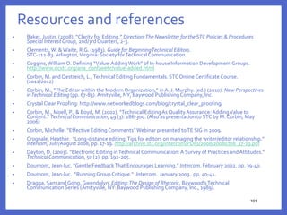 Resources and references
• Baker, Justin. (2008). “Clarity for Editing.” Direction:The Newsletter for the STC Policies & Procedures
Special Interest Group, 2nd/3rdQuarters, 2-3.
• Clements,W. &Waite, R.G. (1983). Guide for BeginningTechnical Editors.
STC-112-83.Arlington,Virginia: Society forTechnical Communication.
• Coggins,William O. Defining “Value-AddingWork” of In-house Information Development Groups.
http://www.ocstc.org/ana_conf/we6r/value-added.html
• Corbin, M. and Oestreich, L.,Technical Editing Fundamentals. STCOnline Certificate Course.
(2011/2012)
• Corbin, M., “The Editor within the Modern Organization,” inA. J. Murphy. (ed.) (2010). New Perspectives
inTechnical Editing (pp. 67-83). Amityville, NY, Baywood PublishingCompany, Inc.
• Crystal Clear Proofing: http://www.networkedblogs.com/blog/crystal_clear_proofing/
• Corbin, M., Moell, P., & Boyd, M. (2002). “Technical EditingAsQualityAssurance: AddingValue to
Content.” TechnicalCommunication, 49 (3): 286-300. (Also as presentation to STC by M. Corbin, May
2006)
• Corbin, Michelle. “Effective EditingComments”Webinar presented toTE SIG in 2009.
• Crognale, Heather. “Long-distance editing:Tips for editors on managing the writer/editor relationship.”
Intercom, July/August 2008, pp. 17-19. http://archive.stc.org/intercom/PDFs/2008/20080708_17-19.pdf
• Dayton, D. (2003). “Electronic Editing inTechnical Communication:A Survey of Practices andAttitudes.”
TechnicalCommunication, 50 (2), pp. 192-205.
• Doumont, Jean-luc. “Gentle FeedbackThat Encourages Learning.” Intercom. February 2002. pp. 39-40.
• Doumont, Jean-luc. “RunningGroup Critique.” Intercom. January 2003. pp. 40-41.
• Dragga, Sam and Gong, Gwendolyn. Editing:The Design of Rhetoric, Baywood'sTechnical
Communication Series (Amityville, NY: Baywood PublishingCompany, Inc., 1989).
101
101
 