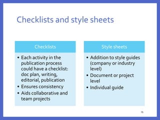 Checklists and style sheets
15
15
Checklists
• Each activity in the
publication process
could have a checklist:
doc plan, writing,
editorial, publication
• Ensures consistency
• Aids collaborative and
team projects
Style sheets
• Addition to style guides
(company or industry
level)
• Document or project
level
• Individual guide
 