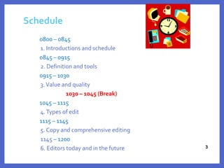 Schedule
0800 – 0845
1. Introductions and schedule
0845 – 0915
2. Definition and tools
0915 – 1030
3.Value and quality
1030 – 1045 (Break)
1045 – 1115
4.Types of edit
1115 – 1145
5. Copy and comprehensive editing
1145 – 1200
6. Editors today and in the future
3
33
 