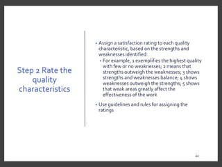 Step 2 Rate the
quality
characteristics
• Assign a satisfaction rating to each quality
characteristic, based on the strengths and
weaknesses identified:
• For example, 1 exemplifies the highest quality
with few or no weaknesses; 2 means that
strengths outweigh the weaknesses; 3 shows
strengths and weaknesses balance; 4 shows
weaknesses outweigh the strengths; 5 shows
that weak areas greatly affect the
effectiveness of the work
• Use guidelines and rules for assigning the
ratings
44
 