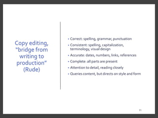 Copy editing,
“bridge from
writing to
production”
(Rude)
• Correct: spelling, grammar, punctuation
• Consistent: spelling, capitalization,
terminology, visual design
• Accurate: dates, numbers, links, references
• Complete: all parts are present
• Attention to detail, reading closely
• Queries content, but directs on style and form
71
71
 