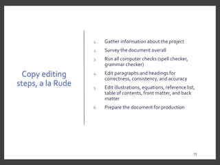 Copy editing
steps, a la Rude
1. Gather information about the project
2. Survey the document overall
3. Run all computer checks (spell checker,
grammar checker)
4. Edit paragraphs and headings for
correctness, consistency, and accuracy
5. Edit illustrations, equations, reference list,
table of contents, front matter, and back
matter
6. Prepare the document for production
72
72
 