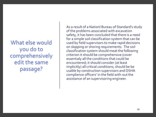 What else would
you do to
comprehensively
edit the same
passage?
As a result of a Nationl Bureau of Standard’s study
of the problems associated with excavation
safety, it has been concluded that there is a need
for a simple soil classification system that can be
used by field supervisors to make rapid decisions
on slopping or shoring requirements. The soil
classification system should meat the following
criterion it should be comprehensive (cover
essentialy all the conditions that could be
encountered; it should consider (at least
implicitly) all critical conditions; should be be
usable by construction supervisors and OSHA
complience officers’ in the field with-out the
assistance of an supervisoring engineer.
80
 