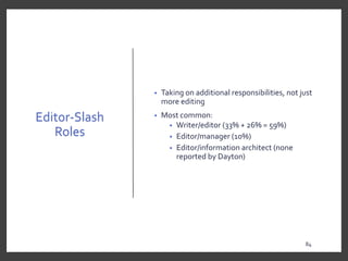 Editor-Slash
Roles
• Taking on additional responsibilities, not just
more editing
• Most common:
• Writer/editor (33% + 26% = 59%)
• Editor/manager (10%)
• Editor/information architect (none
reported by Dayton)
84
84
 