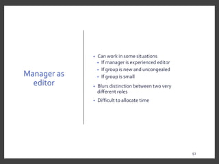 Manager as
editor
• Can work in some situations
• If manager is experienced editor
• If group is new and uncongealed
• If group is small
• Blurs distinction between two very
different roles
• Difficult to allocate time
92
9292
 