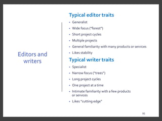 Editors and
writers
Typical editor traits
• Generalist
• Wide focus (“forest”)
• Short project cycles
• Multiple projects
• General familiarity with many products or services
• Likes stability
Typical writer traits
• Specialist
• Narrow focus (“trees”)
• Long project cycles
• One project at a time
• Intimate familiarity with a few products
or services
• Likes “cutting edge”
95
9595
 