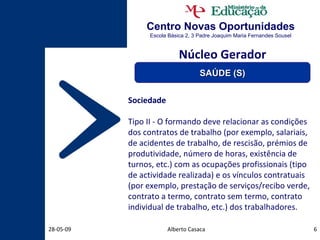 Centro Novas Oportunidades Escola Básica 2, 3 Padre Joaquim Maria Fernandes Sousel Alberto Casaca 10-06-09 Sociedade Tipo II - O formando deve relacionar as condições dos contratos de trabalho (por exemplo, salariais, de acidentes de trabalho, de rescisão, prémios de produtividade, número de horas, existência de turnos, etc.) com as ocupações profissionais (tipo de actividade realizada) e os vínculos contratuais (por exemplo, prestação de serviços/recibo verde, contrato a termo, contrato sem termo, contrato individual de trabalho, etc.) dos trabalhadores. Núcleo Gerador SAÚDE (S) 