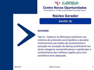 Centro Novas Oportunidades Escola Básica 2, 3 Padre Joaquim Maria Fernandes Sousel Alberto Casaca 10-06-09 Sociedade Tipo III – Explorar as diferenças existentes nos sistemas de protecção social (público e privado) relativamente aos modos de accionamento e actuação em situações de doença profissional nas várias categorias socioprofissionais e aprofundar o conhecimento das melhores opções para uma assistência mais adequada. Núcleo Gerador SAÚDE (S) 