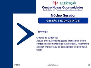 Centro Novas Oportunidades Escola Básica 2, 3 Padre Joaquim Maria Fernandes Sousel Alberto Casaca 09-06-09 Tecnologia Critério de Evidência: Actuar em situações de gestão profissional ou de contencioso com instituições exteriores, recorrendo à experiência prática de contabilidade e de direito fiscal. Núcleo Gerador GESTÃO E ECONOMIA (GE) 