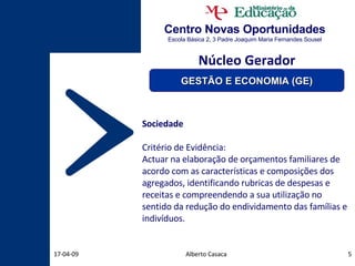Centro Novas Oportunidades Escola Básica 2, 3 Padre Joaquim Maria Fernandes Sousel Alberto Casaca 09-06-09 Sociedade Critério de Evidência: Actuar na elaboração de orçamentos familiares de acordo com as características e composições dos agregados, identificando rubricas de despesas e receitas e compreendendo a sua utilização no sentido da redução do endividamento das famílias e indivíduos. Núcleo Gerador GESTÃO E ECONOMIA (GE) 