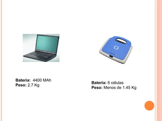 Bateria:  6 células  Peso:  Menos de 1.45 Kg  Bateria:   4400 MAh Peso:  2.7 Kg 