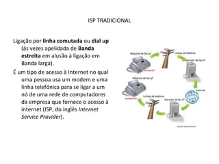 ISP TRADICIONAL Ligação por  linha comutada  ou  dial up  (às vezes apelidada de  Banda estreita  em alusão à ligação em Banda larga). É um tipo de acesso à Internet no qual uma pessoa usa um modem e uma linha telefónica para se ligar a um nó de uma rede de computadores da empresa que fornece o acesso à internet (ISP, do inglês  Internet Service Provider ).  