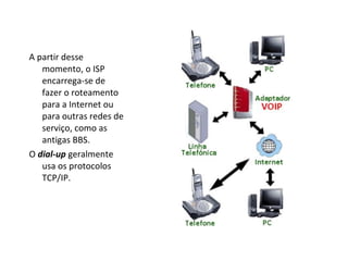 A partir desse momento, o ISP encarrega-se de fazer o roteamento para a Internet ou para outras redes de serviço, como as antigas BBS. O  dial-up  geralmente usa os protocolos TCP/IP. 