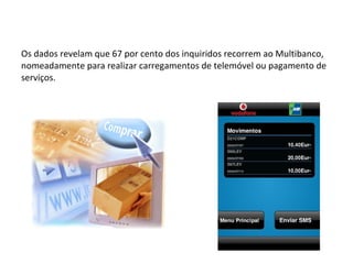 Os dados revelam que 67 por cento dos inquiridos recorrem ao Multibanco, nomeadamente para realizar carregamentos de telemóvel ou pagamento de serviços. 
