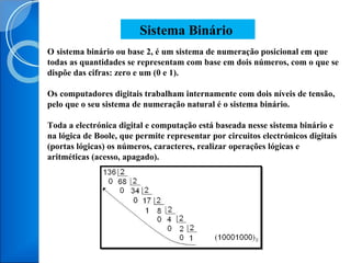 O   sistema binário ou base 2, é um sistema de numeração posicional em que todas as quantidades se representam com base em dois números, com o que se dispõe das cifras: zero e um (0 e 1). Os computadores digitais trabalham internamente com dois níveis de tensão, pelo que o seu sistema de numeração natural é o sistema binário. Toda a electrónica digital e computação está baseada nesse sistema binário e na lógica de Boole, que permite representar por circuitos electrónicos digitais (portas lógicas) os números, caracteres, realizar operações lógicas e aritméticas (acesso, apagado). Sistema Binário  