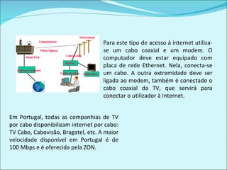 Para este tipo de acesso à internet utiliza-se um cabo coaxial e um modem. O computador deve estar equipado com placa de rede Ethernet. Nela, conecta-se um cabo. A outra extremidade deve ser ligada ao modem, também é conectado o cabo coaxial da TV, que servirá para conectar o utilizador à Internet.  Em Portugal, todas as companhias de TV por cabo disponibilizam internet por cabo: TV Cabo, Cabovisão, Bragatel, etc. A maior velocidade disponível em Portugal é de 100 Mbps e é oferecida pela ZON. 
