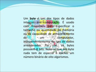 Um  byte  é um dos tipos de dados integrais em computação. É usado com frequência para especificar o tamanho ou quantidade da memória ou da capacidade de armazenamento de um computador, independentemente do tipo de dados armazenados. Por isso, os bytes possuem 8 bits. Note-se que um byte nada tem de especial é apenas um número binário de oito algarismos.  