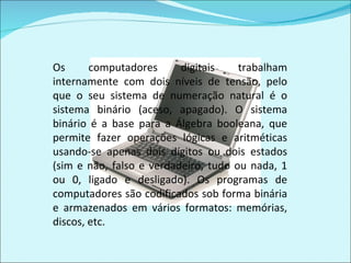 Os computadores digitais trabalham internamente com dois níveis de tensão, pelo que o seu sistema de numeração natural é o sistema binário (aceso, apagado). O sistema binário é a base para a Álgebra booleana, que permite fazer operações lógicas e aritméticas usando-se apenas dois dígitos ou dois estados (sim e não, falso e verdadeiro, tudo ou nada, 1 ou 0, ligado e desligado). Os programas de computadores são codificados sob forma binária e armazenados em vários formatos: memórias, discos, etc. 