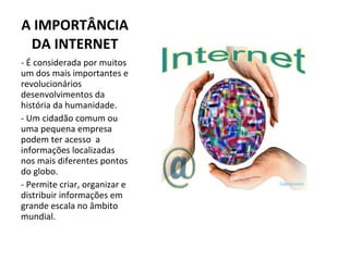 - É considerada por muitos um dos mais importantes e revolucionários desenvolvimentos da história da humanidade. - Um cidadão comum ou uma pequena empresa podem ter acesso  a informações localizadas nos mais diferentes pontos do globo. - Permite criar, organizar e distribuir informações em grande escala no âmbito mundial.  A IMPORTÂNCIA DA INTERNET 
