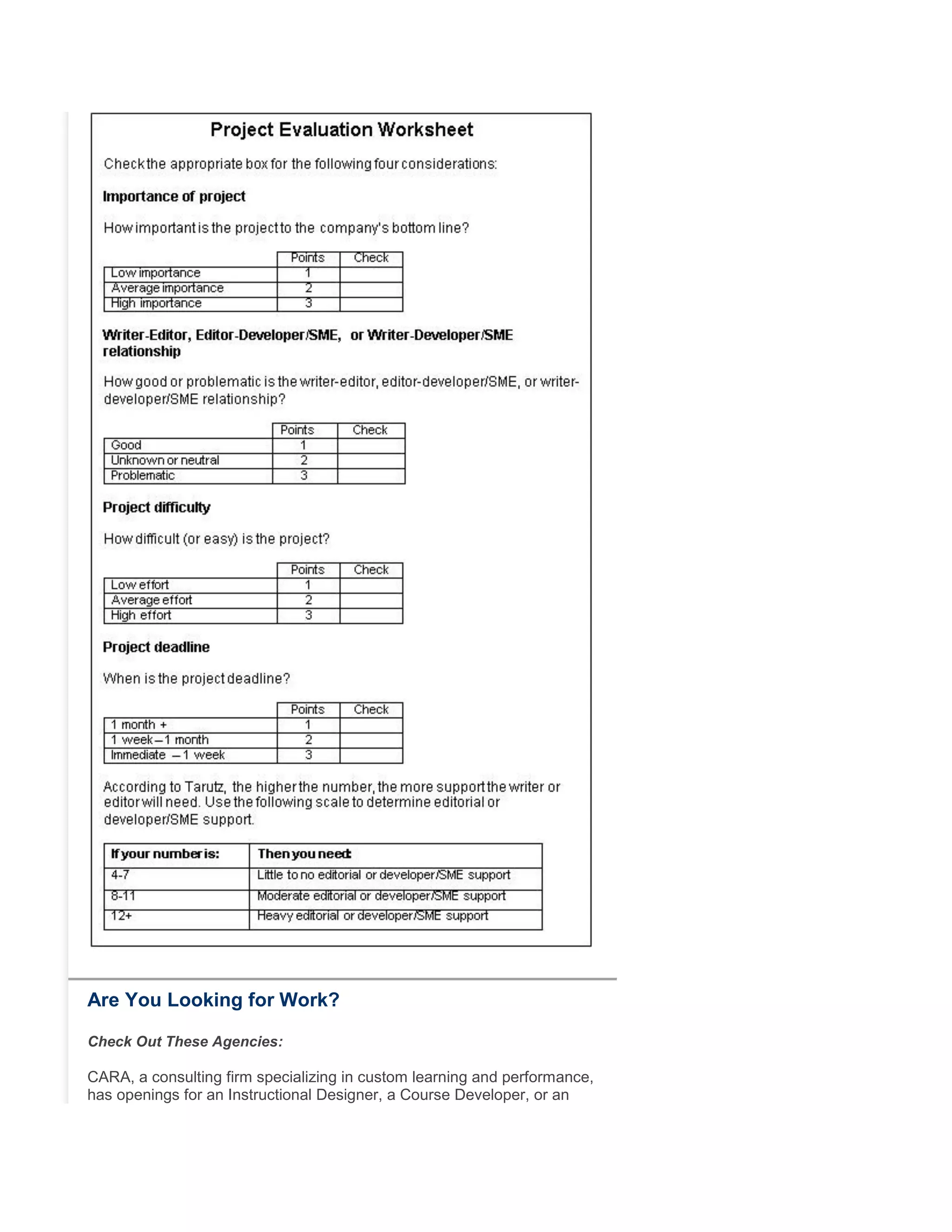Are You Looking for Work?
Check Out These Agencies:
CARA, a consulting firm specializing in custom learning and performance,
has openings for an Instructional Designer, a Course Developer, or an
 