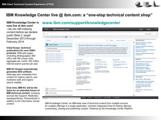 IBM Client Technical Content Experience (CTCX)

IBM Knowledge Center live @ ibm.com: a “one-stop technical content shop”
IBM Knowledge Center is
now live at ibm.com!
--we are still indexing
content before we declare
public Beta 2, target
December 2013 through
February 2014

www.ibm.com/support/knowledgecenter

Initial Scope: technical
publications for over 2500+
products: 60M web pages
(including all languages); 850
URLs with 5M unique visits
aggregate per month; 200 million
internal search queries per year
IBM KC Hosted automatically
generates SEO artifacts
(sitemaps plus metadata) from
content for organic search, and
maintains rank and organic
search visibility
Over time, IBM KC will be the
basis for an extended fusion of
IBM technical content, including
sources like Support, Redbooks,
developerWorks, PartnerWorld in
addition to the Information Center
content

IBM Knowledge Center: an IBM-wide view of technical content from multiple sources
for multiple offerings in a single application. Includes integrated tools for finding, filtering,
customizing, sharing and publishing content. Powered by the Knowledge Center Platform

 