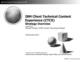 IBM Client Technical Content Experience (CTCX)

IBM Client Technical Content
Experience (CTCX)
Strategy Overview
presented by:

Michael Priestley, STSM, Content Technology Strategist

28 November 2013

charts from the CTCX Strategy authored by:

Andrea Ames, Michael Priestley, Alyson Riley, and Jamie Roberts
© IBM 2013. All rights reserved.

 