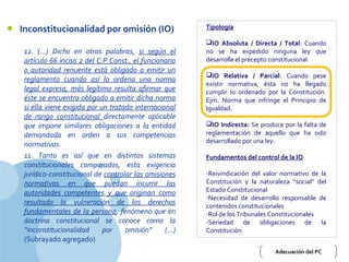 www.company.com
• Inconstitucionalidad por omisión (IO)
12. (…) Dicho en otras palabras, si según el
artículo 66 inciso 2 del C.P.Const., el funcionario
o autoridad renuente está obligado a emitir un
reglamento cuando así lo ordena una norma
legal expresa, más legítimo resulta afirmar que
éste se encuentra obligado a emitir dicha norma
si ella viene exigida por un tratado internacional
de rango constitucional directamente aplicable
que impone similares obligaciones a la entidad
demandada en orden a sus competencias
normativas.
11. Tanto es así que en distintos sistemas
constitucionales comparados, esta exigencia
jurídico-constitucional de controlar las omisiones
normativas en que puedan incurrir las
autoridades competentes y que originan como
resultado la vulneración de los derechos
fundamentales de la persona, fenómeno que en
doctrina constitucional se conoce como la
“inconstitucionalidad por omisión” (…)
(Subrayado agregado)
Tipología
IO Absoluta / Directa / Total: Cuando
no se ha expedido ninguna ley que
desarrolle el precepto constitucional
IO Relativa / Parcial: Cuando pese
existir normativa, ésta no ha llegado
cumplir lo ordenado por la Constitución.
Ejm. Norma que infringe el Principio de
Igualdad.
IO Indirecta: Se produce por la falta de
reglamentación de aquello que ha sido
desarrollado por una ley.
Fundamentos del control de la IO
‐Reivindicación del valor normativo de la
Constitución y la naturaleza “social” del
Estado Constitucional
‐Necesidad de desarrollo responsable de
contenidos constitucionales
‐Rol de los Tribunales Constitucionales
‐Seriedad de obligaciones de la
Constitución
Adecuación del PC
 