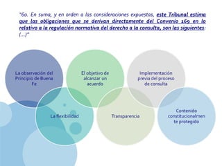 www.company.com
“60. En suma, y en orden a las consideraciones expuestas, este Tribunal estima
que las obligaciones que se derivan directamente del Convenio 169 en lo
relativo a la regulación normativa del derecho a la consulta, son las siguientes:
(…)”
 