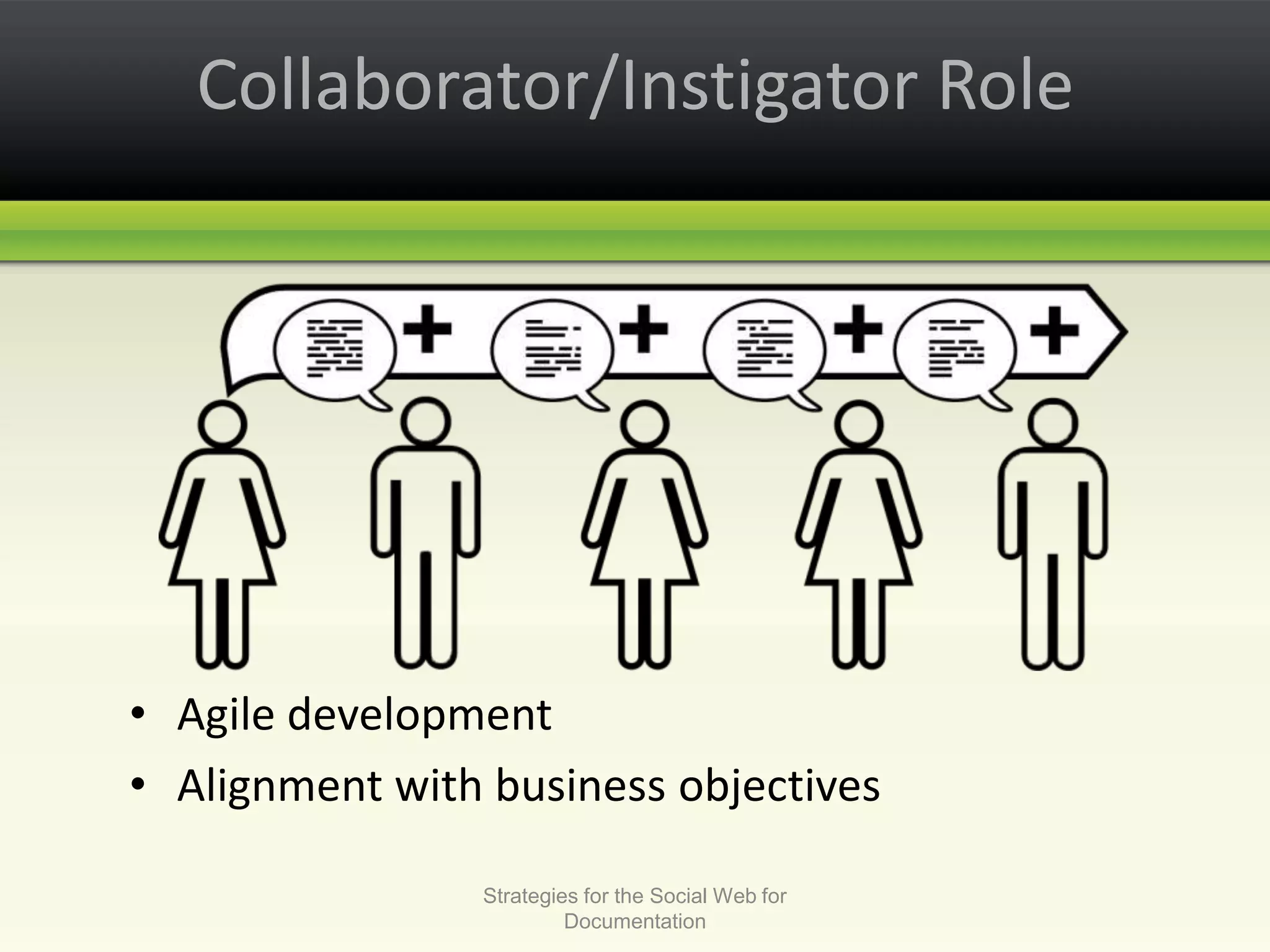 Collaborator/Instigator RoleAgile developmentAlignment with business objectivesStrategies for the Social Web for Documentation