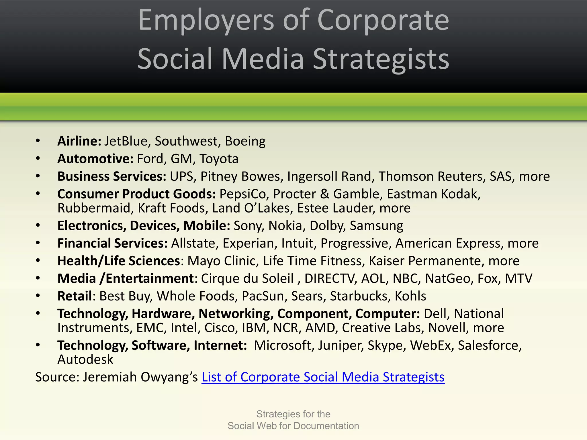 Employers of Corporate Social Media StrategistsAirline: JetBlue, Southwest, Boeing Automotive: Ford, GM, Toyota Business Services: UPS, Pitney Bowes, Ingersoll Rand, Thomson Reuters, SAS, more Consumer Product Goods: PepsiCo, Procter & Gamble, Eastman Kodak, Rubbermaid, Kraft Foods, Land O’Lakes, Estee Lauder, more Electronics, Devices, Mobile: Sony, Nokia, Dolby, Samsung Financial Services: Allstate, Experian, Intuit, Progressive, American Express, moreHealth/Life Sciences: Mayo Clinic, Life Time Fitness, Kaiser Permanente, more Media /Entertainment: Cirque du Soleil , DIRECTV, AOL, NBC, NatGeo, Fox, MTVRetail: Best Buy, Whole Foods, PacSun, Sears, Starbucks, KohlsTechnology, Hardware, Networking, Component, Computer: Dell, National Instruments, EMC, Intel, Cisco, IBM, NCR, AMD, Creative Labs, Novell, moreTechnology, Software, Internet:  Microsoft, Juniper, Skype, WebEx, Salesforce, AutodeskSource: Jeremiah Owyang’sList of Corporate Social Media StrategistsStrategies for the Social Web for Documentation